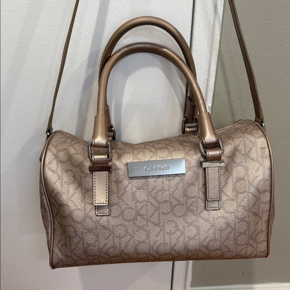 Calvin Klein Metallic Taupe Leather Satchel with Shoulder Strap/ Excellent - Picture 2 of 16